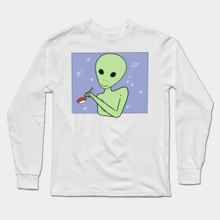 Alien Eating Sushi Meme Funny UFO ET Anime Logo Long Sleeve T-Shirt